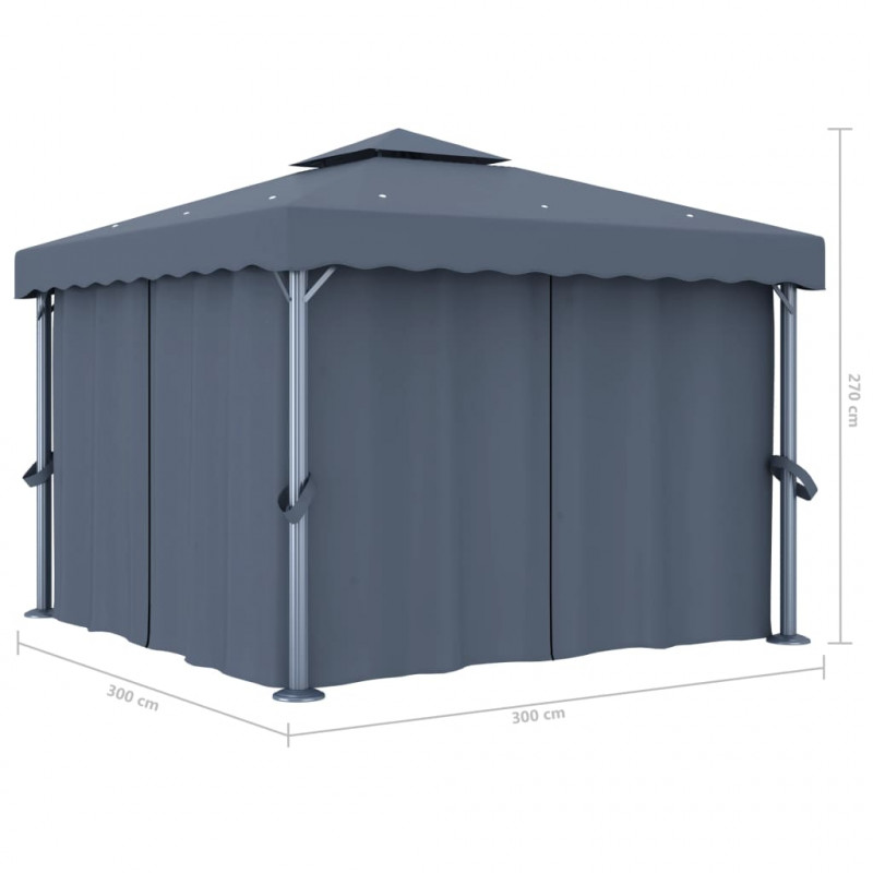 Altana z zasłonami i sznurem lampek LED, 3x3 m, antracytowa