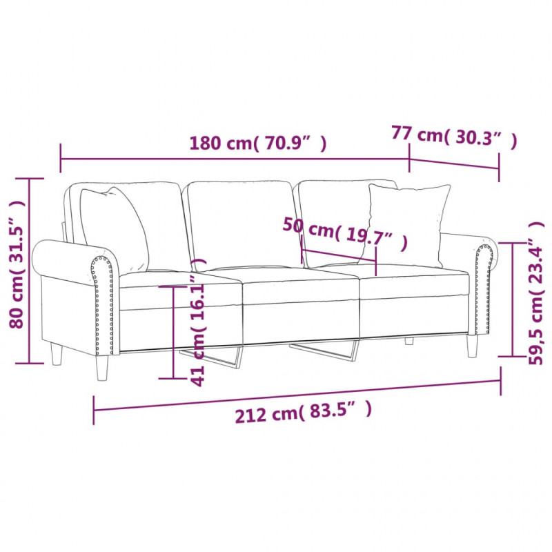 3-osobowa sofa z poduszkami, jasnoszara, 180 cm, aksamit