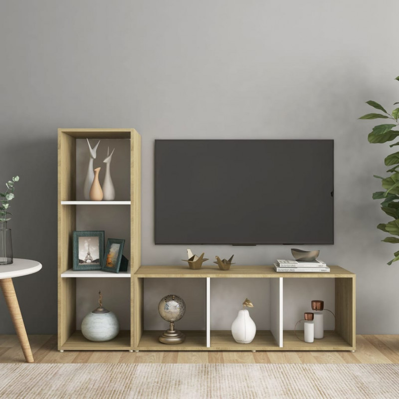 Szafki TV, 2 szt., biel i dąb sonoma, 107x35x37 cm, płyta