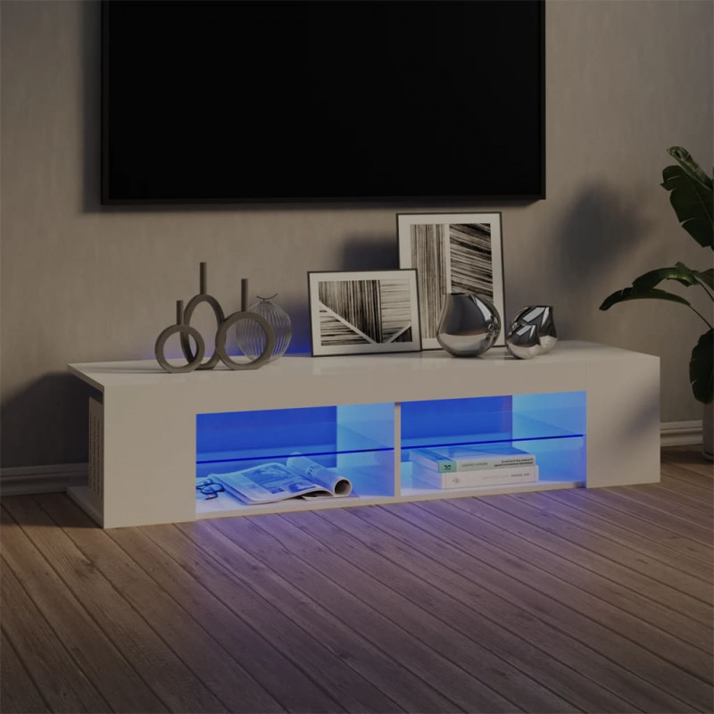 Szafka TV z lampkami LED, wysoki połysk, biała, 135x39x30 cm