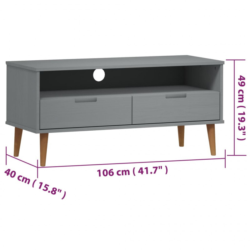 Szafka TV MOLDE, szara, 106x40x49 cm, lite drewno sosnowe