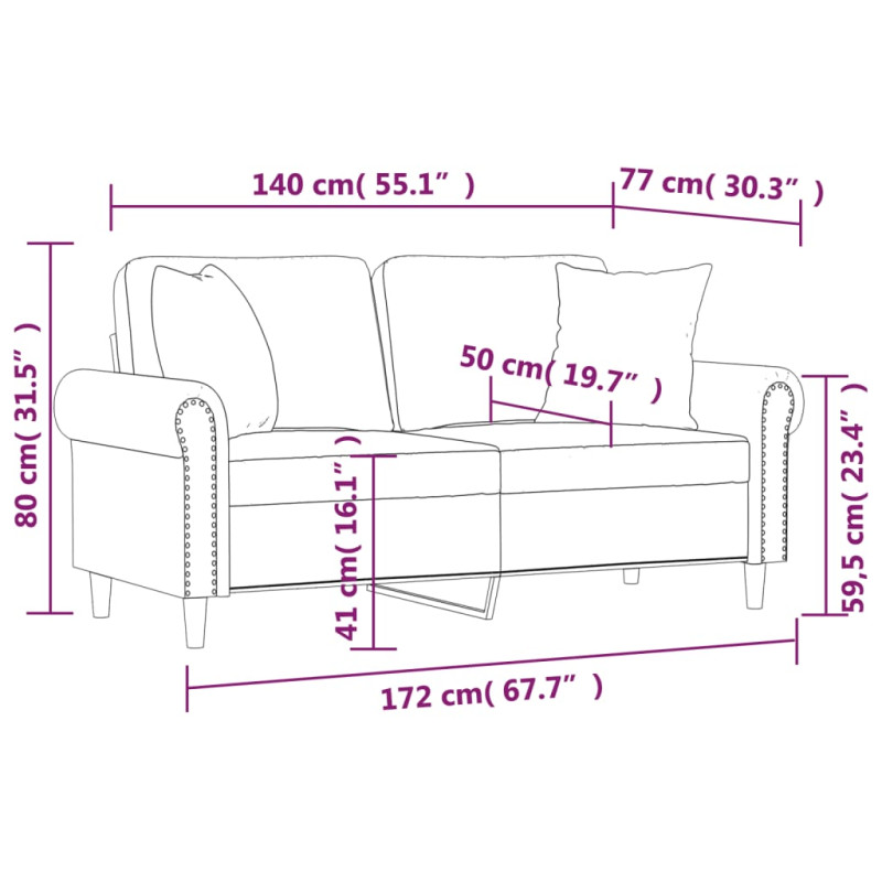 2-osobowa sofa z poduszkami, jasnoszara, 140 cm, aksamit