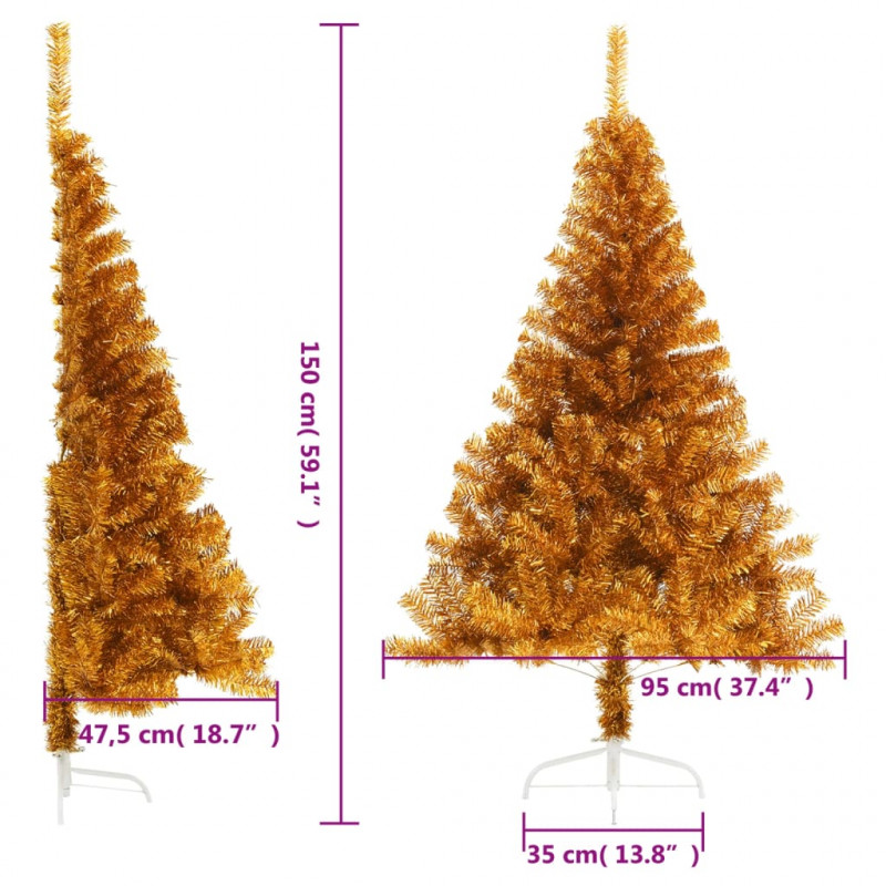 Sztuczna choinka połówka ze stojakiem, złota, 150 cm, PET