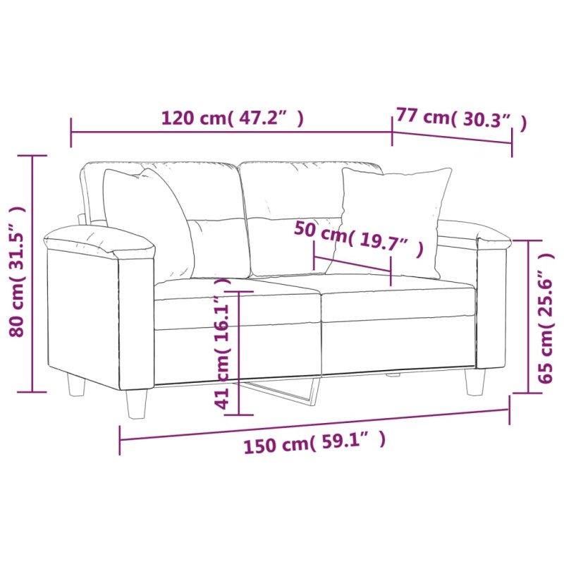 2-osobowa sofa z poduszkami, jasnoszara, 120 cm, mikrofibra