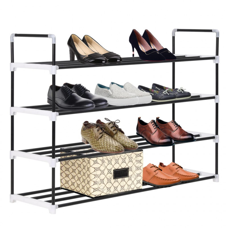 Stojak na buty z 4 półkami, metal i plastik, czarny