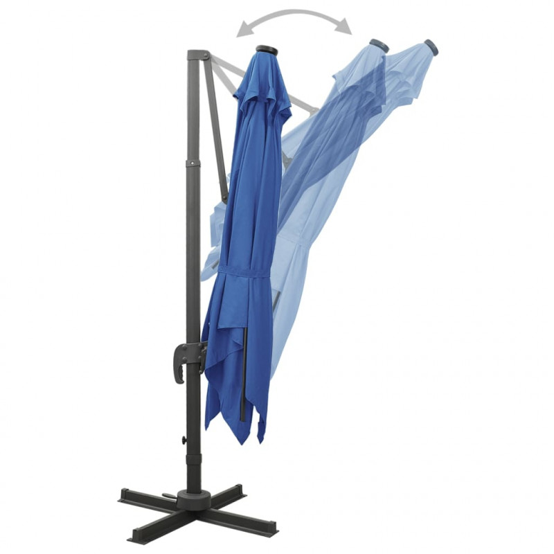 Parasol wiszący z LED i słupkiem, niebieski, 300 cm