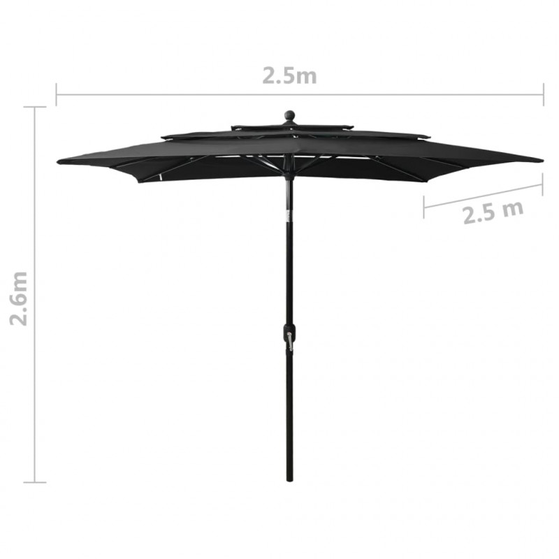 3-poziomowy parasol na aluminiowym słupku, czarny, 2,5x2,5 m