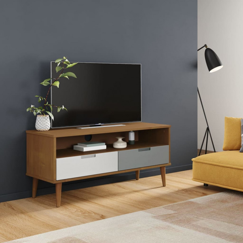 Szafka TV MOLDE, brązowa, 106x40x49 cm, lite drewno sosnowe