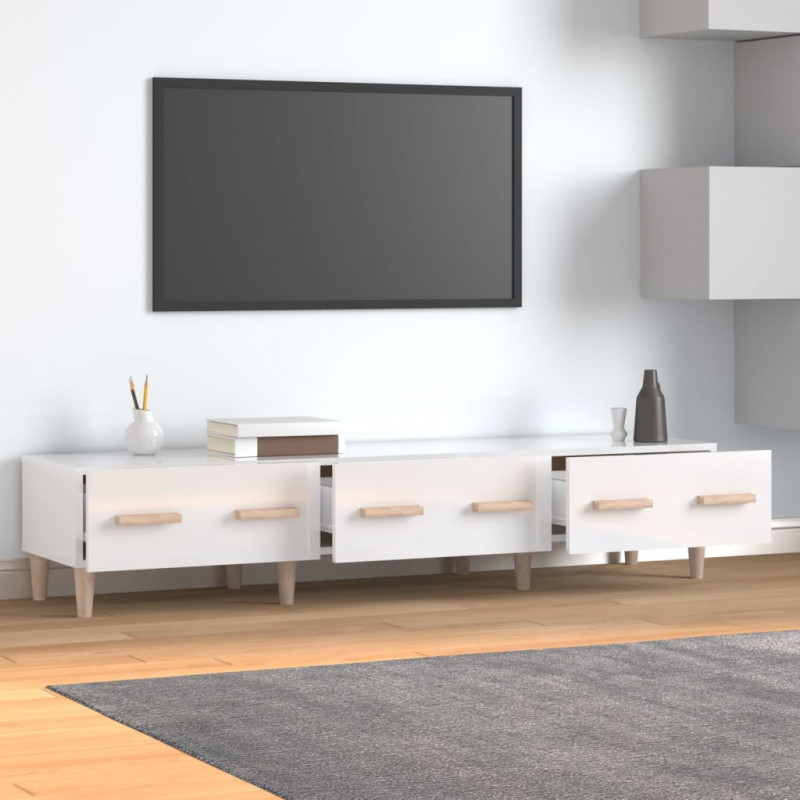 Szafka pod TV, wysoki połysk, biała, 150x34,5x30 cm