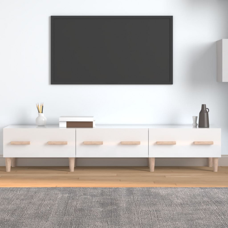 Szafka pod TV, wysoki połysk, biała, 150x34,5x30 cm