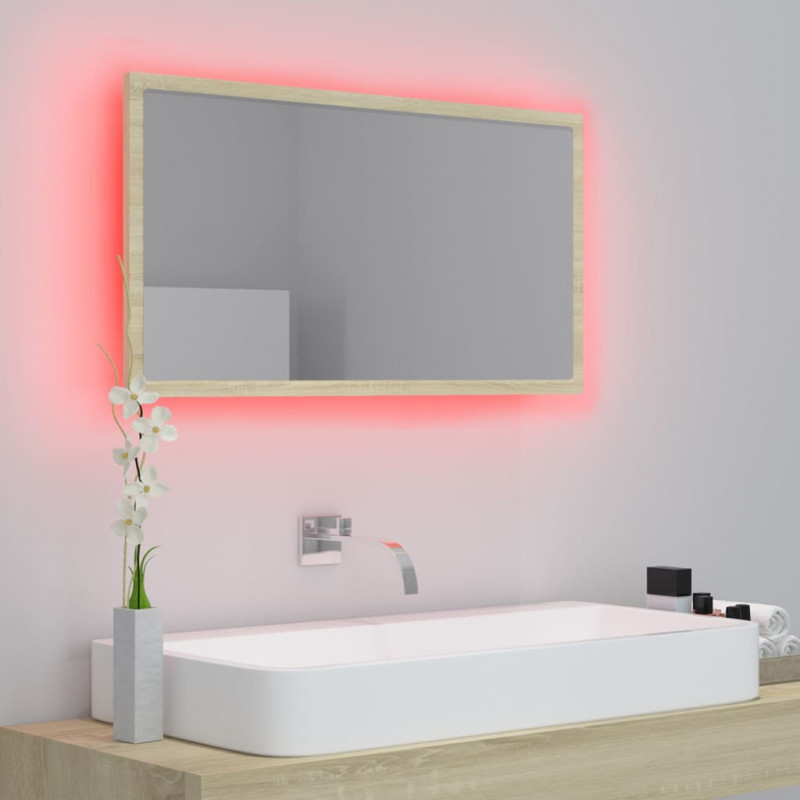Lustro łazienkowe LED, kolor dąb sonoma, 80x8,5x37 cm, akryl