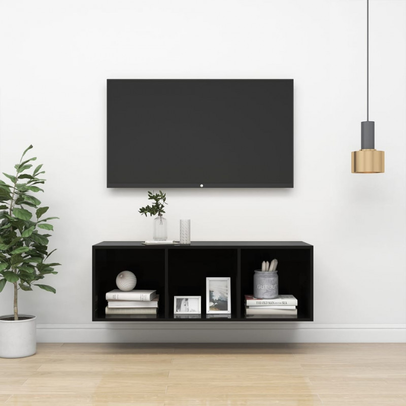 Wisząca szafka pod TV, wysoki połysk, czarna, 37x37x107 cm
