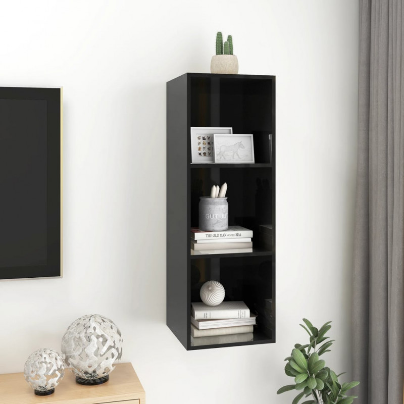 Wisząca szafka pod TV, wysoki połysk, czarna, 37x37x107 cm