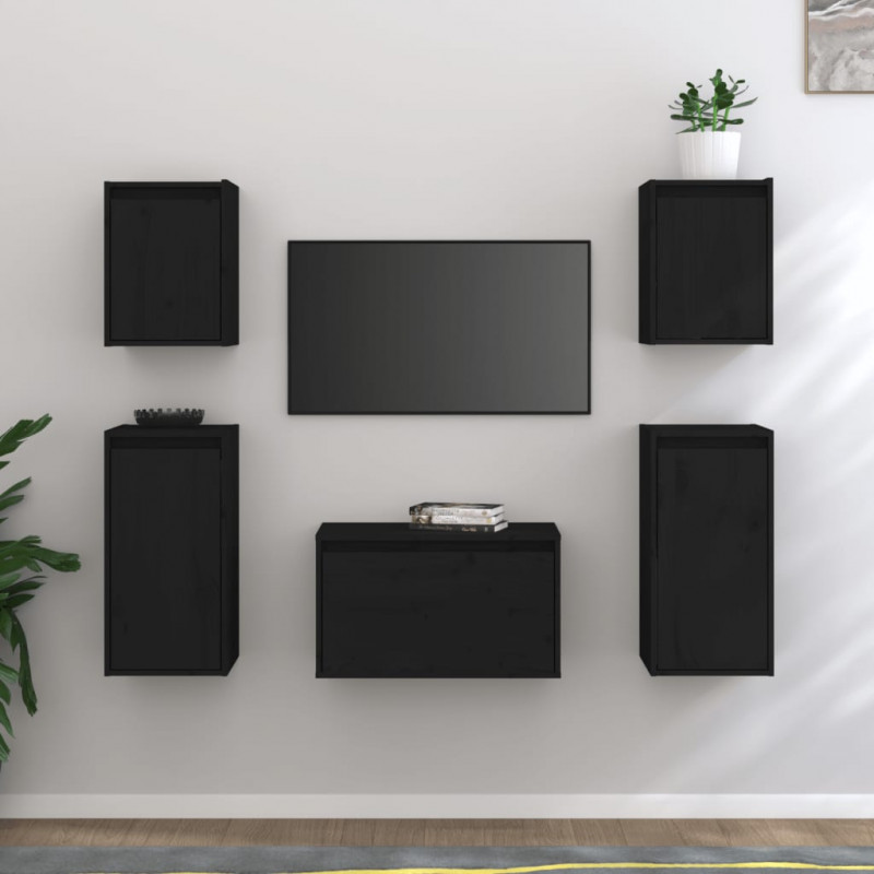 Szafki pod TV, 5 szt., czarne, lite drewno sosnowe