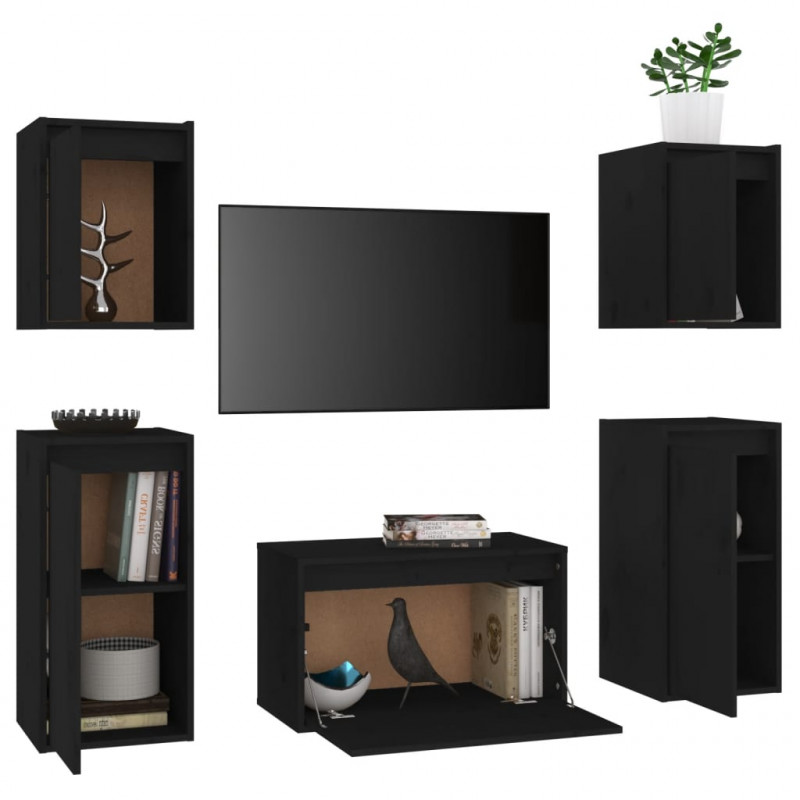 Szafki pod TV, 5 szt., czarne, lite drewno sosnowe