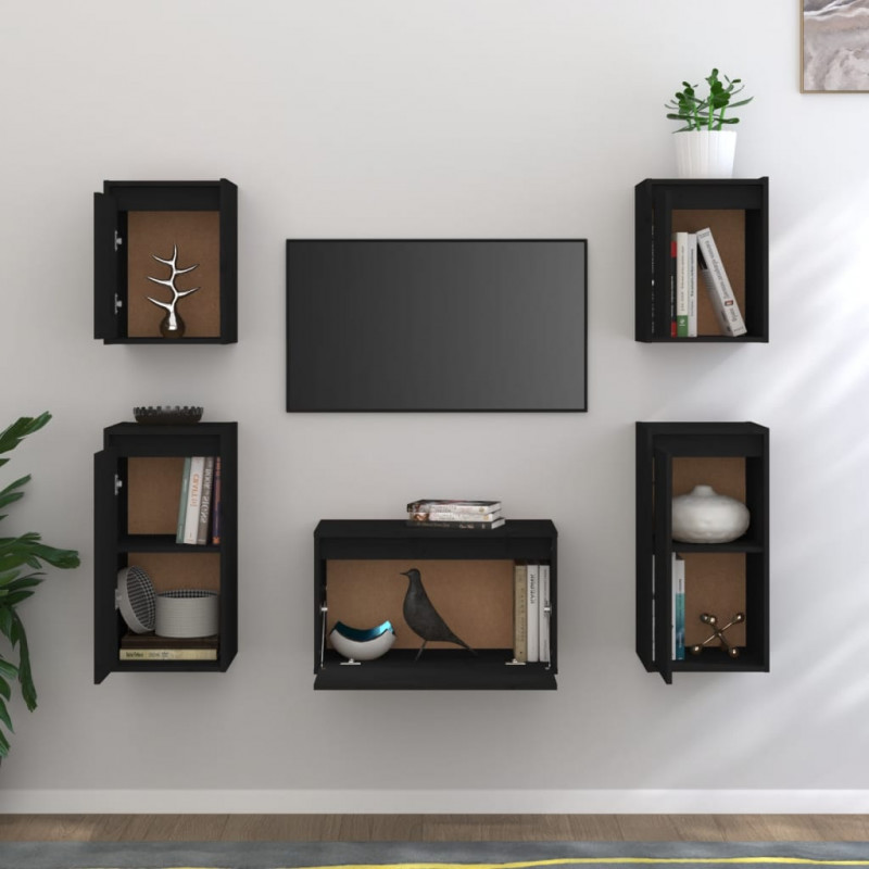 Szafki pod TV, 5 szt., czarne, lite drewno sosnowe