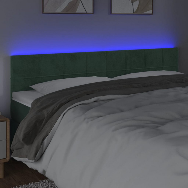 Zagłówek do łóżka z LED, ciemnozielony, 180x5x78/88 cm, aksamit