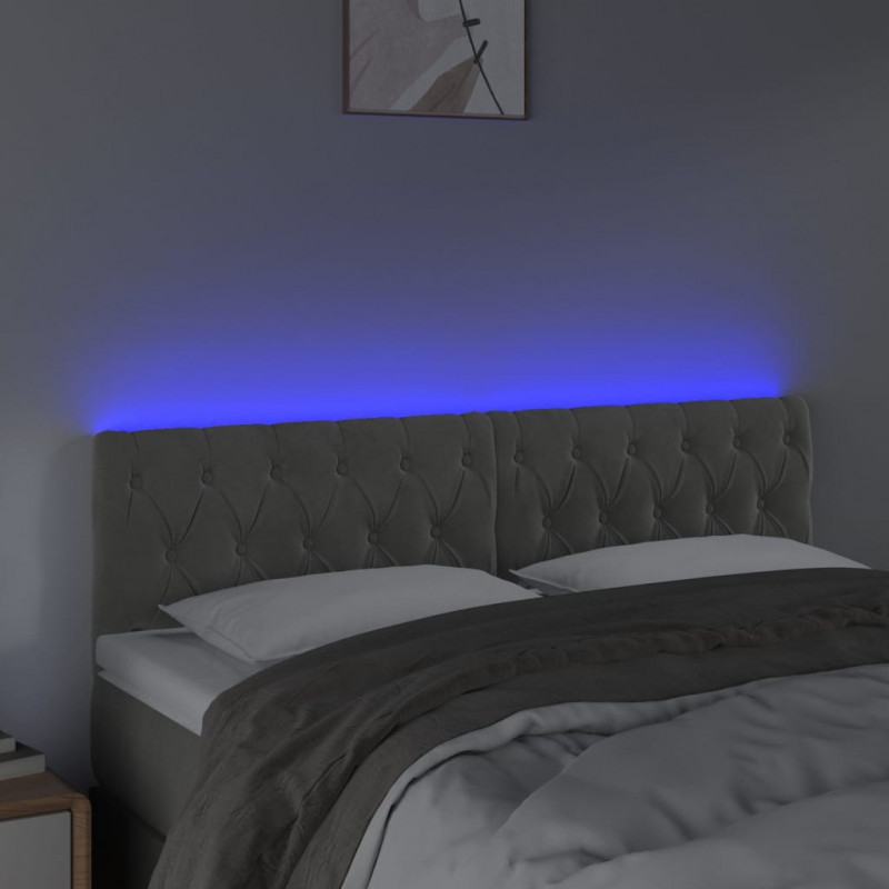 Zagłówek do łóżka z LED, jasnoszary, 160x7x78/88 cm, aksamit