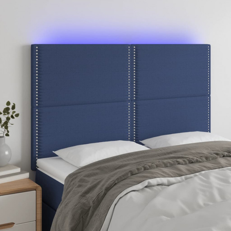 Zagłówek do łóżka z LED, niebieski, 144x5x118/128 cm, tkanina