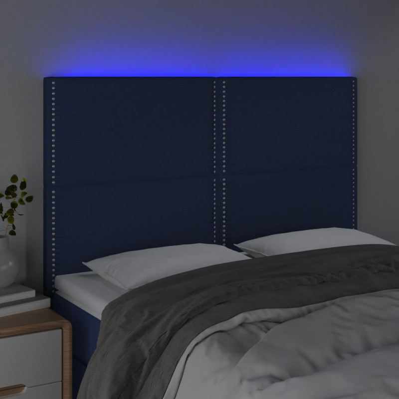 Zagłówek do łóżka z LED, niebieski, 144x5x118/128 cm, tkanina