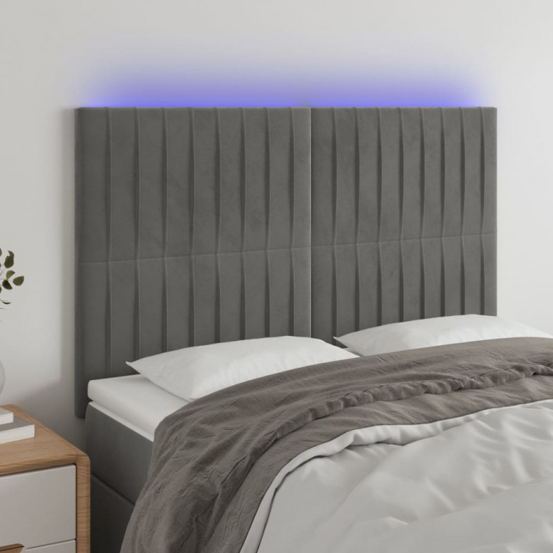 Zagłówek do łóżka z LED, jasnoszary, 144x5x118/128 cm, aksamit