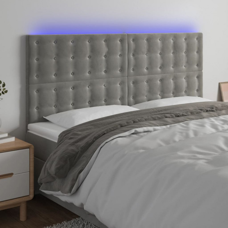 Zagłówek do łóżka z LED, jasnoszary, 200x5x118/128 cm, aksamit
