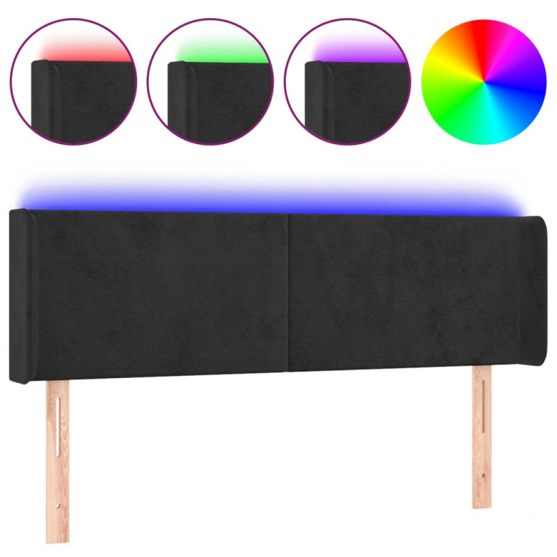 Zagłówek do łóżka z LED, czarny, 147x16x78/88 cm, aksamit
