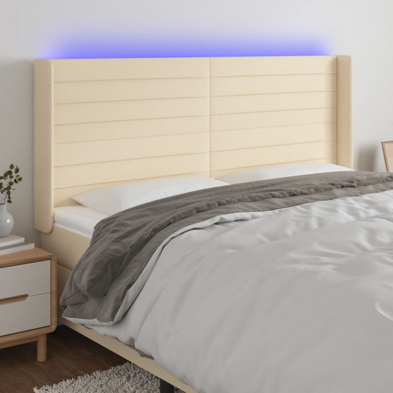 Zagłówek do łóżka z LED, kremowy, 203x16x118/128 cm, tkanina