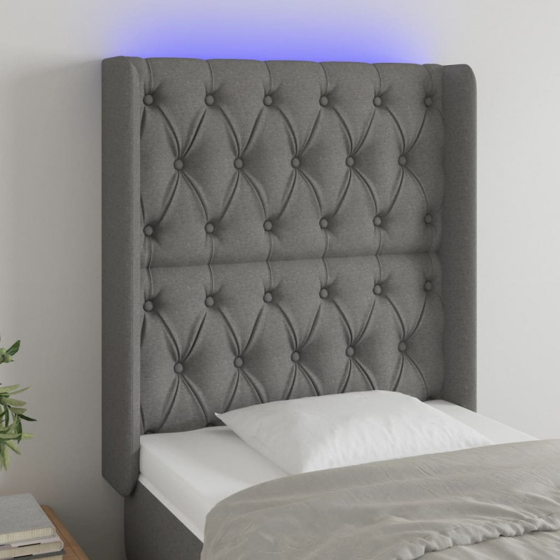 Zagłówek do łóżka z LED, ciemnoszary, 83x16x118/128 cm, tkanina