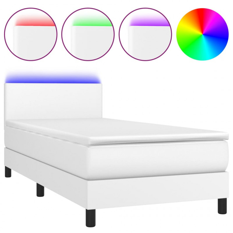 Łóżko kontynentalne z materacem i LED, biała ekoskóra 90x200 cm