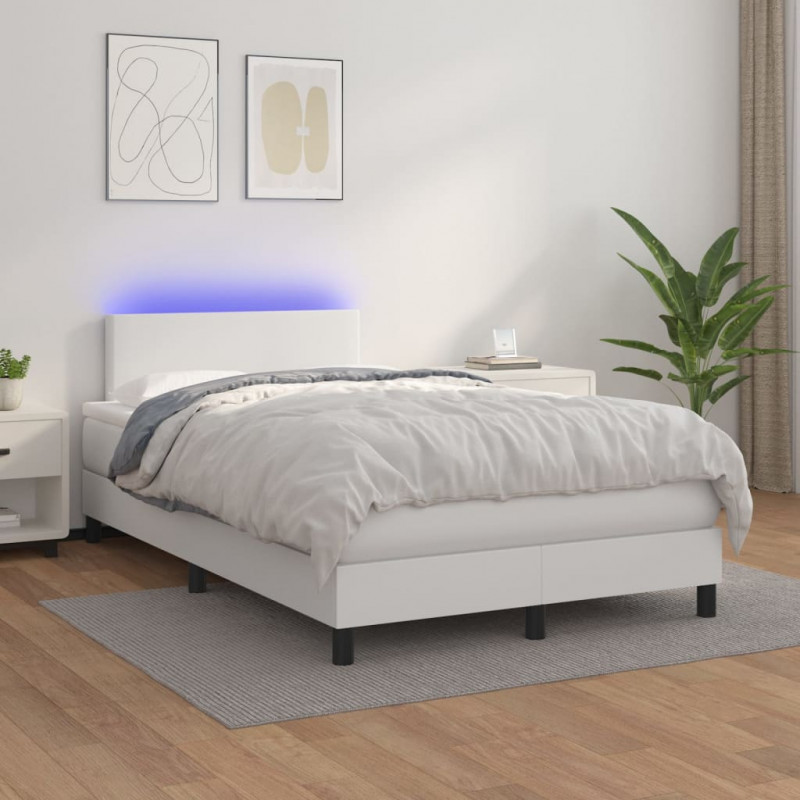 Łóżko kontynentalne z materacem i LED, biała ekoskóra 120x200cm