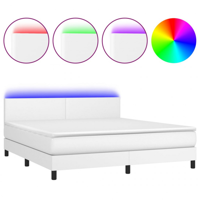 Łóżko kontynentalne z materacem i LED, biała ekoskóra 180x200cm
