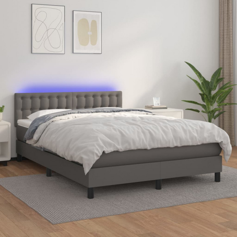 Łóżko kontynentalne z materacem i LED, szara ekoskóra 140x200cm