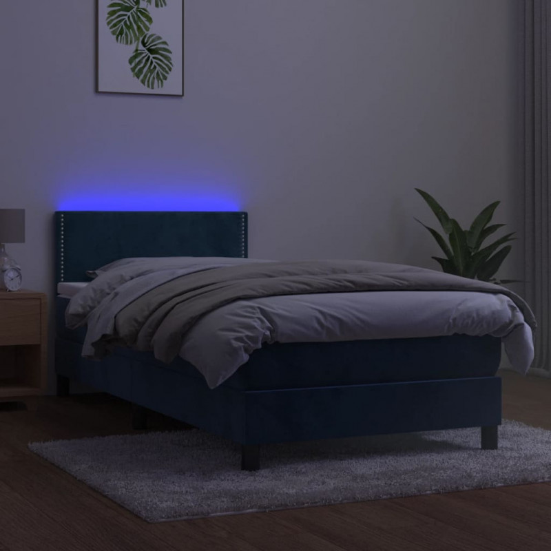 Łóżko kontynentalne, materac i LED, niebieski aksamit 90x200 cm
