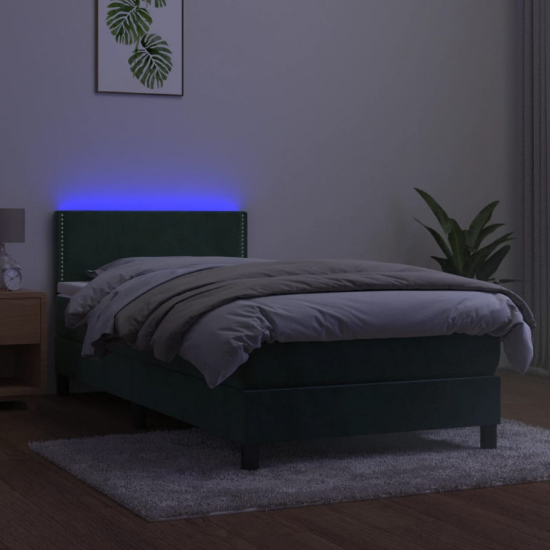Łóżko kontynentalne z materacem i LED zielony aksamit 80x200 cm