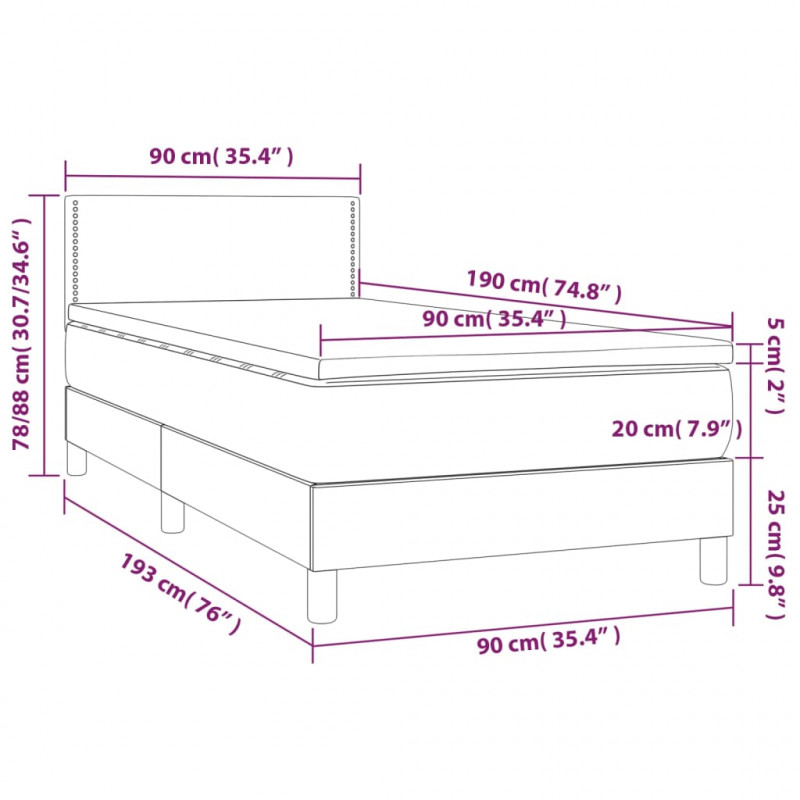 Łóżko kontynentalne, materac i LED, niebieski aksamit 90x190 cm