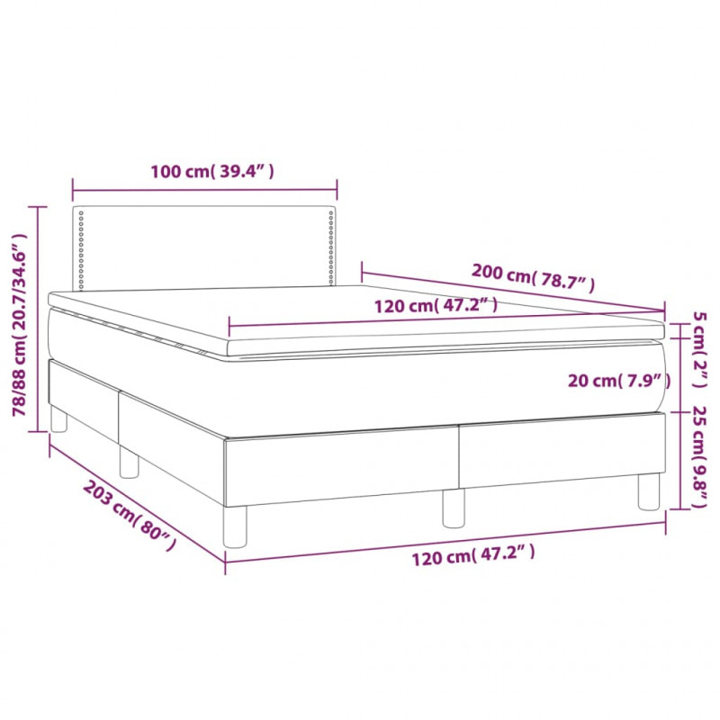Łóżko kontynentalne z materacem i LED, szare 120x200cm, aksamit