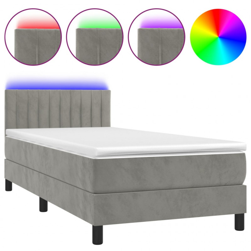 Łóżko kontynentalne z materacem i LED, szare 100x200cm, aksamit