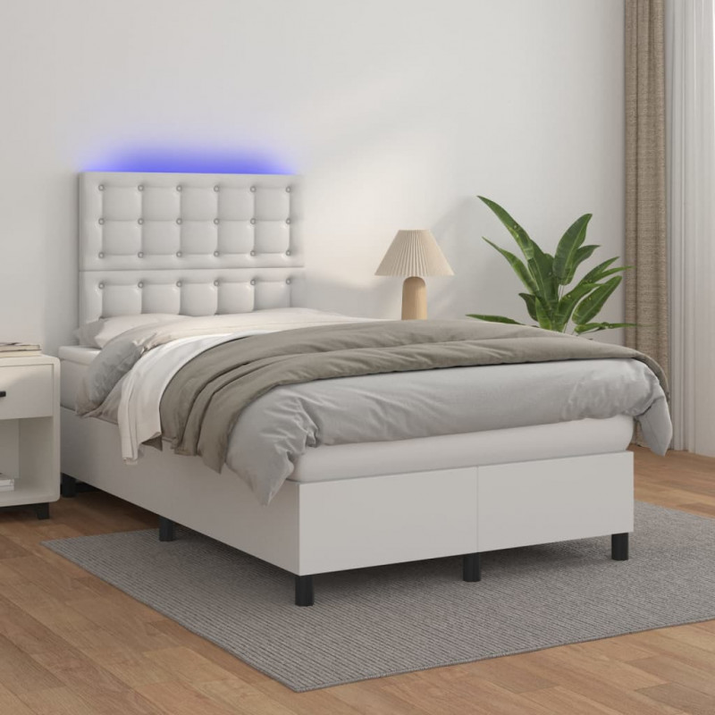Łóżko kontynentalne z materacem i LED, biała ekoskóra 120x200cm