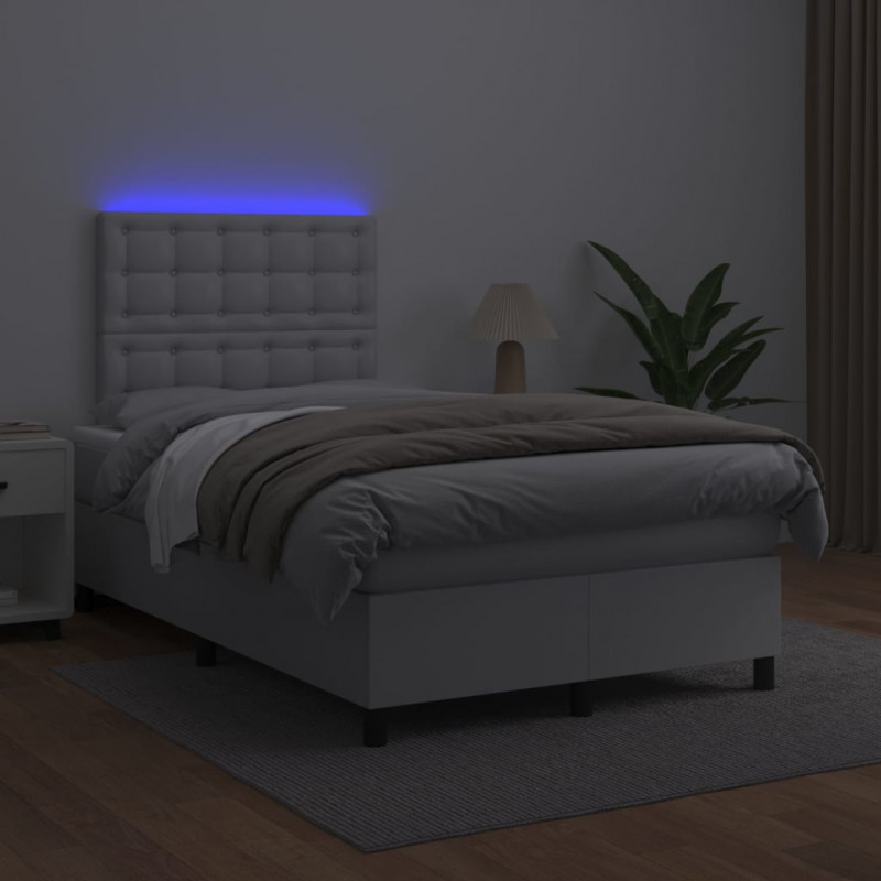 Łóżko kontynentalne z materacem i LED, biała ekoskóra 120x200cm
