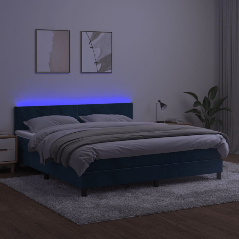Łóżko kontynentalne, materac i LED, niebieski aksamit 160x200cm