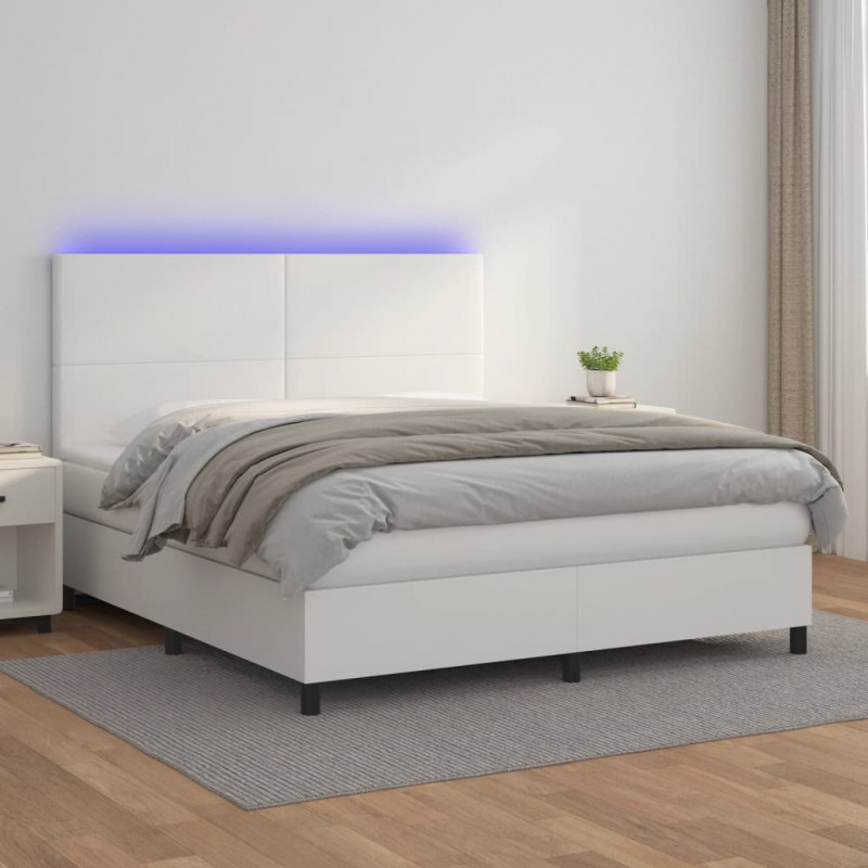 Łóżko kontynentalne z materacem i LED, biała ekoskóra 180x200cm