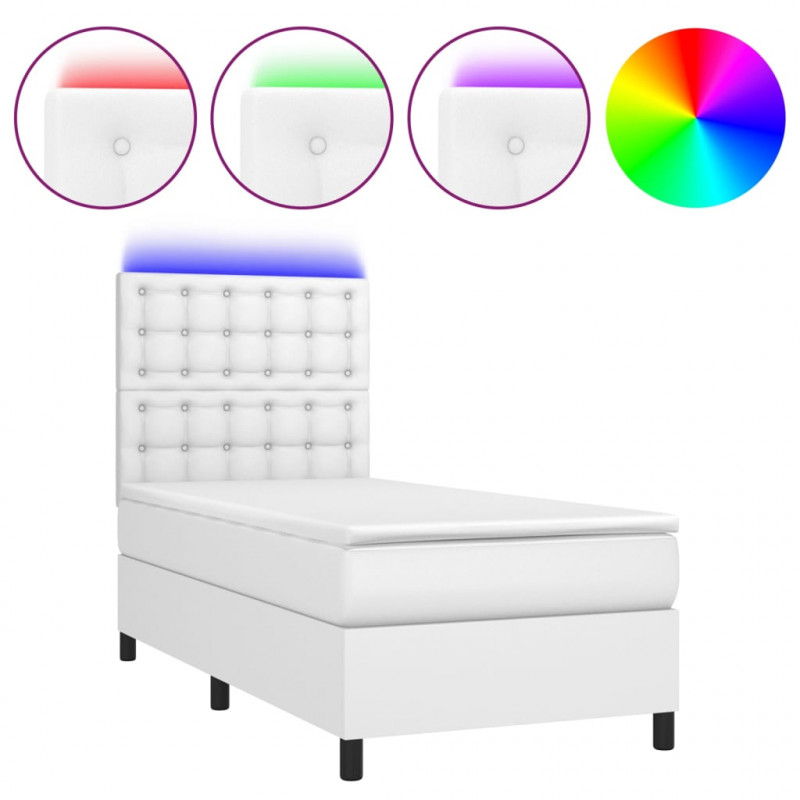 Łóżko kontynentalne z materacem i LED, biała ekoskóra 90x200 cm