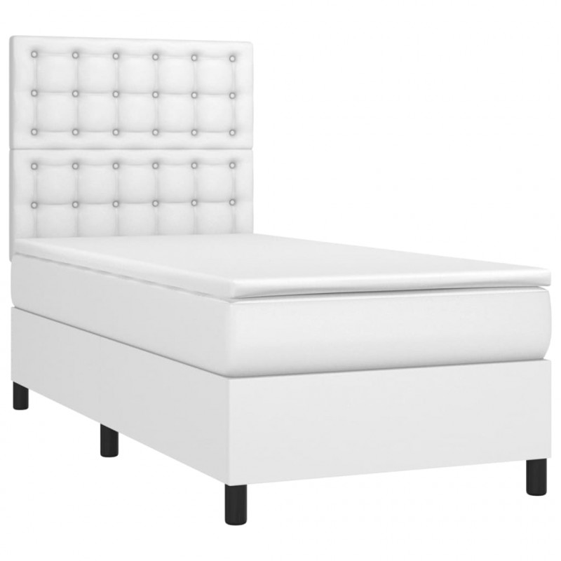 Łóżko kontynentalne z materacem i LED, biała ekoskóra 90x200 cm