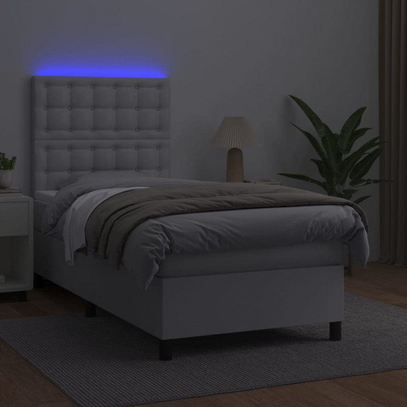 Łóżko kontynentalne z materacem i LED, biała ekoskóra 90x200 cm