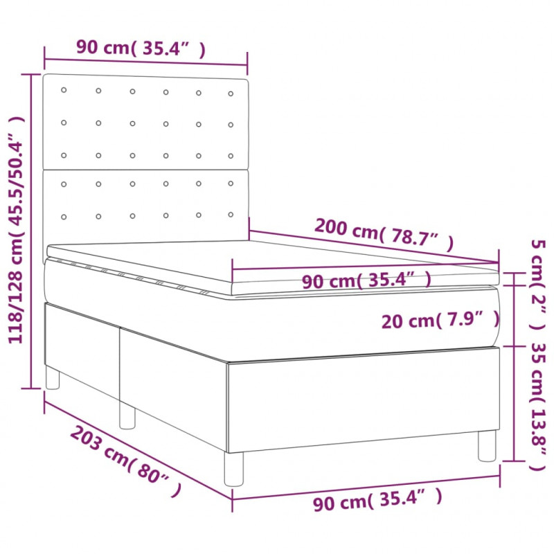 Łóżko kontynentalne z materacem i LED, biała ekoskóra 90x200 cm