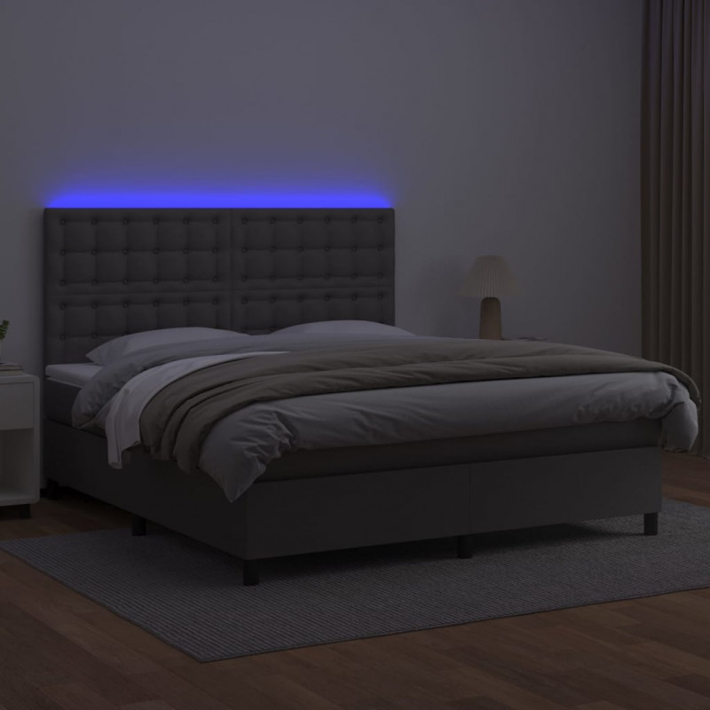 Łóżko kontynentalne z materacem i LED, szara ekoskóra 160x200cm