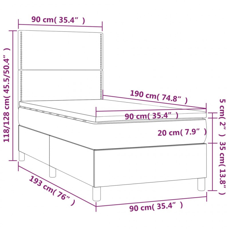Łóżko kontynentalne, materac i LED, niebieski aksamit 90x190 cm