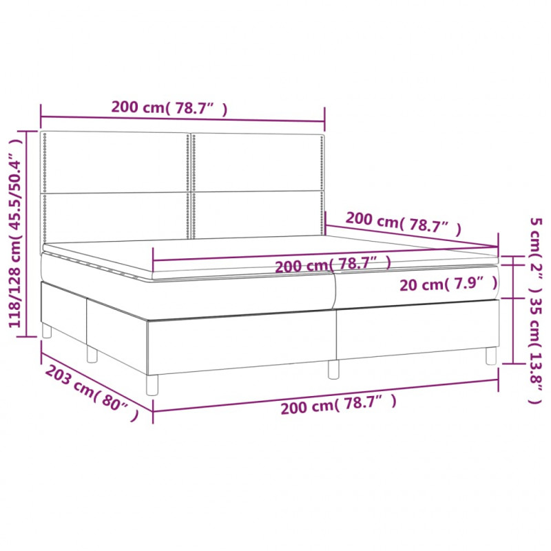 Łóżko kontynentalne, materac i LED, niebieski aksamit 200x200cm