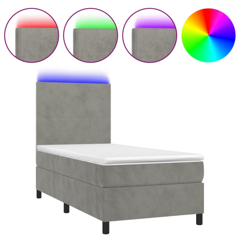 Łóżko kontynentalne z materacem i LED, szare 80x200 cm, aksamit